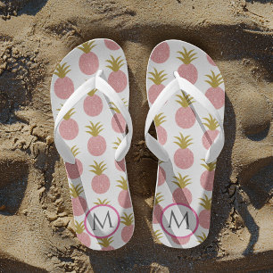 Pink and White Monogram Glitter Pineapple Thongs