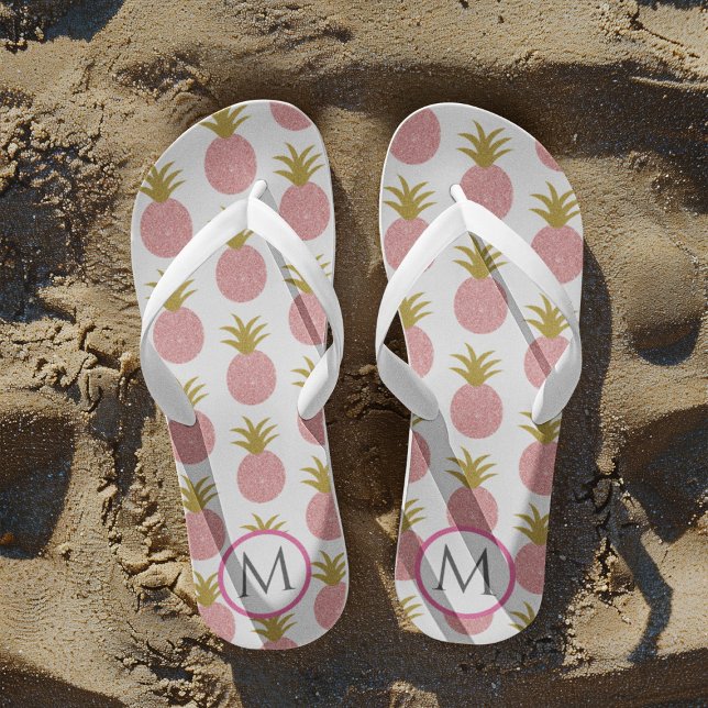 Pink and White Monogram Glitter Pineapple Thongs (Creator Uploaded)