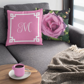 Pink and White Monogram Greek Key Border Photo Cushion