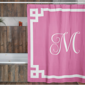 Pink and White Monogram Greek Key Border Shower Curtain