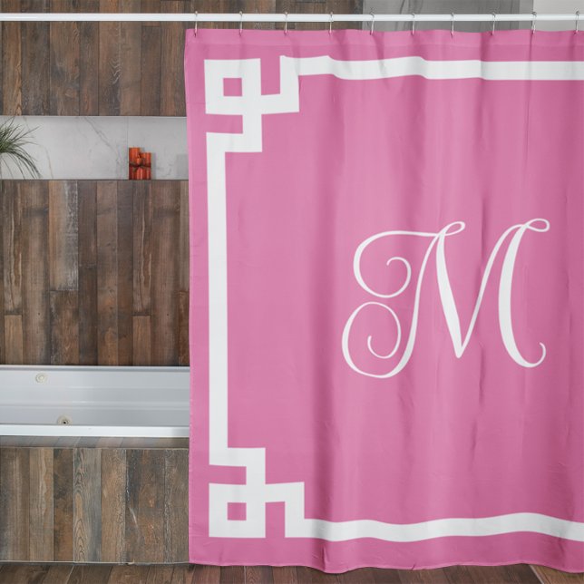 Pink and White Monogram Greek Key Border Shower Curtain (Create your own monogrammed Greek Key border shower curtain.)