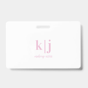 Pink and White Monogram QR Code Makeup Artist ID Badge
