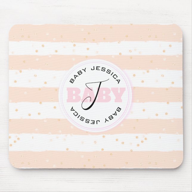 Pink and White Monogrammed Baby Stripes Mouse Pad (Front)