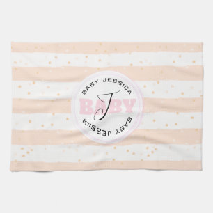 Pink and White Monogrammed Baby Stripes Tea Towel