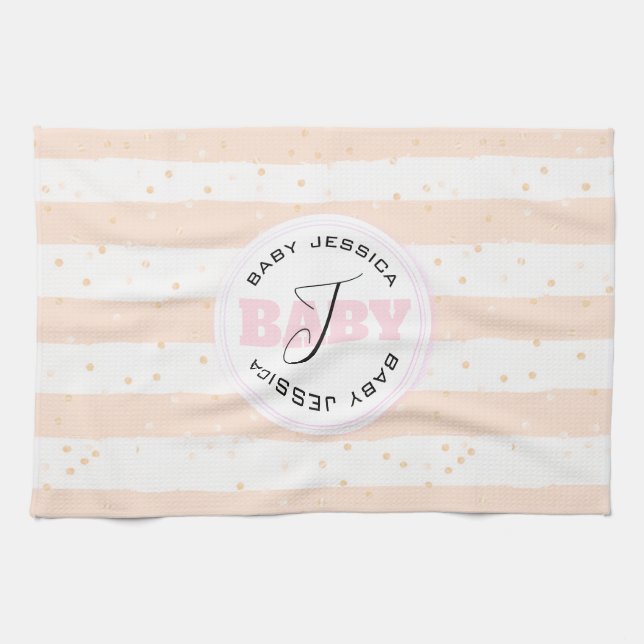 Pink and White Monogrammed Baby Stripes Tea Towel (Horizontal)
