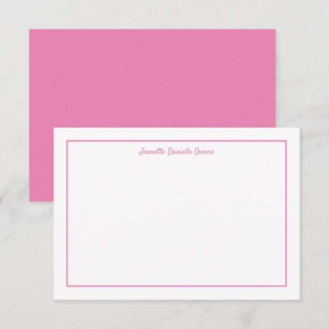 Pink and White Monogrammed Flat Note Card (Front/Back)