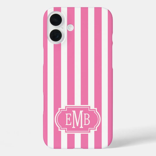 Pink and White Monogrammed Stripes Case-Mate iPhone Case (Back)