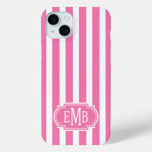 Pink and White Monogrammed Stripes iPhone 15 Mini Case