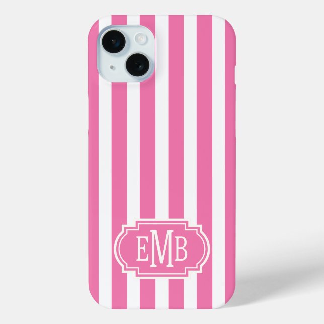 Pink and White Monogrammed Stripes Case-Mate iPhone Case (Back)