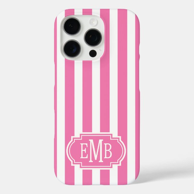 Pink and White Monogrammed Stripes Case-Mate iPhone Case (Back)