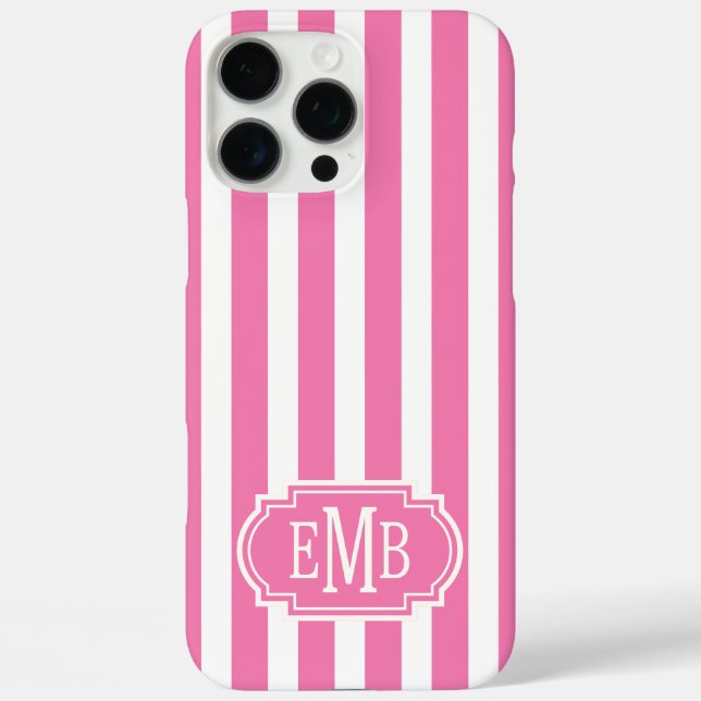 Pink and White Monogrammed Stripes Case-Mate iPhone Case (Back)