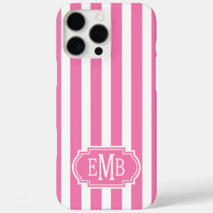 Pink and White Monogrammed Stripes iPhone 16 Pro Max Case