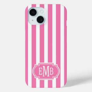 Pink and White Monogrammed Stripes iPhone 15 Case