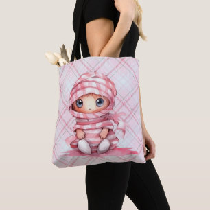 Pink and White Mummy Pink Plaid Halloween Tote Bag