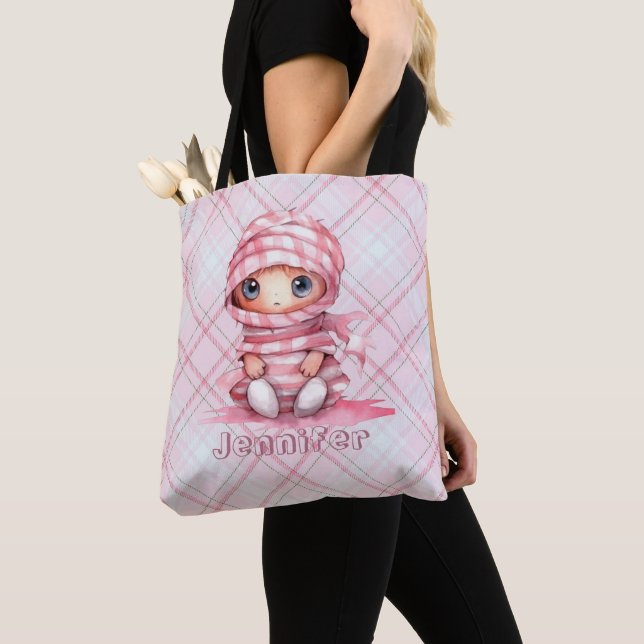 Pink and White Mummy Pink Plaid Halloween Tote Bag (Close Up)