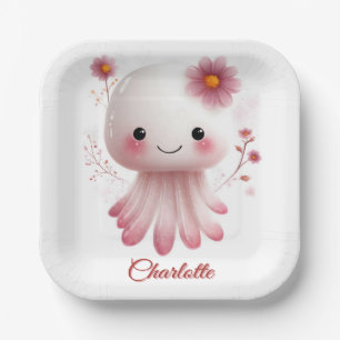 Pink and White Octtopus Character with Custom Name Paper Plate