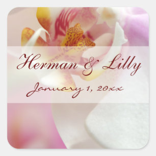 Pink and White Orchid Personalised Wedding Square Sticker