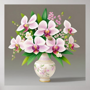 Pink and White Orchids in an Ornate Vase Poster