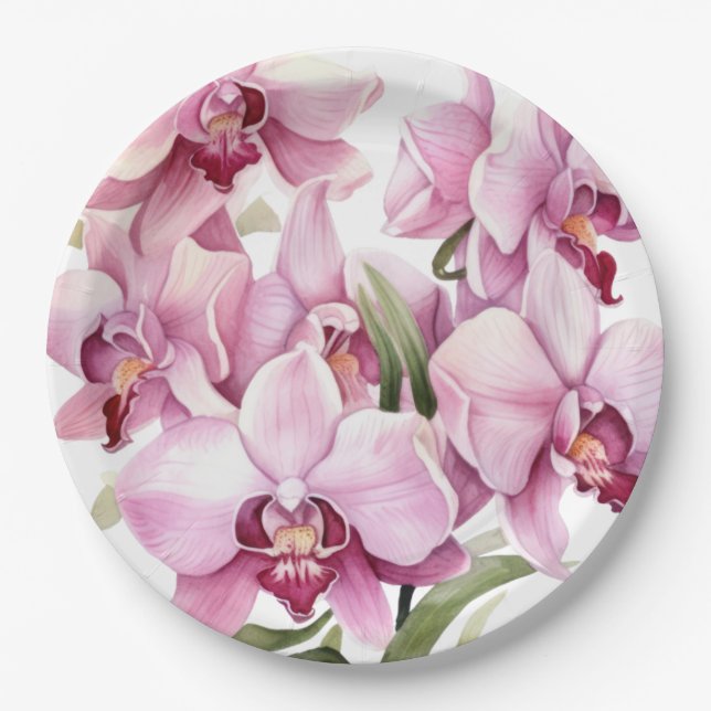 Pink and White Orchids Wedding Paper Plate (Front)
