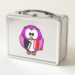 Pink and white owl holding some school books metal lunch box