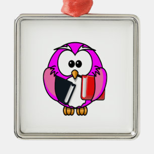 Pink and white owl holding some school books metal ornament