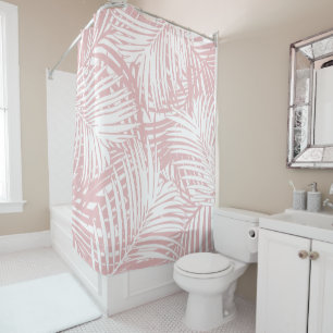 Pink and White Palm Leaf Pattern Tropical Shower Curtain