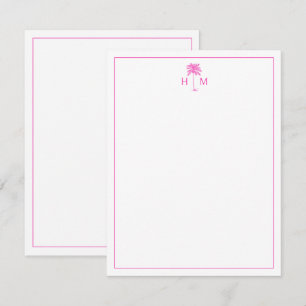 Pink and White Palm Palmetto Tree Monogram Card