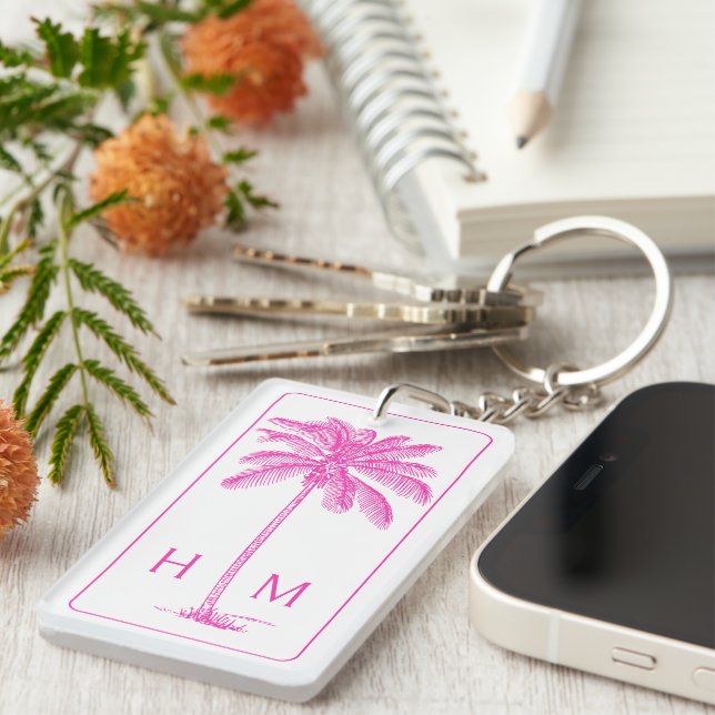 Pink and White Palm Palmetto Tree Monogram Key Ring (Front Right)
