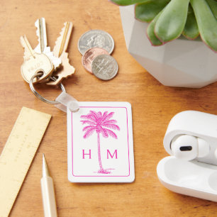 Pink and White Palm Palmetto Tree Monogram Key Ring