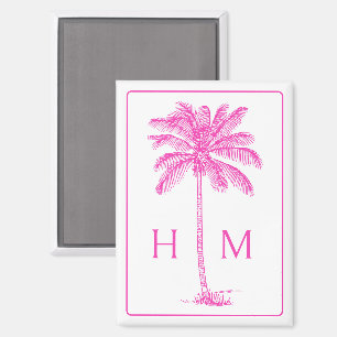 Pink and White Palm Palmetto Tree Monogram Magnet