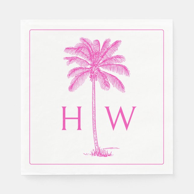Pink and White Palm Palmetto Tree Monogram Napkin (Front)