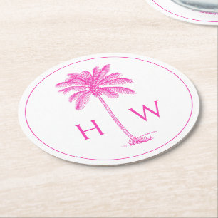 Pink and White Palm Palmetto Tree Monogram Round Paper Coaster