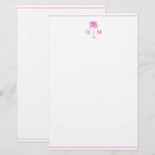 Pink and White Palm Palmetto Tree Monogram Stationery