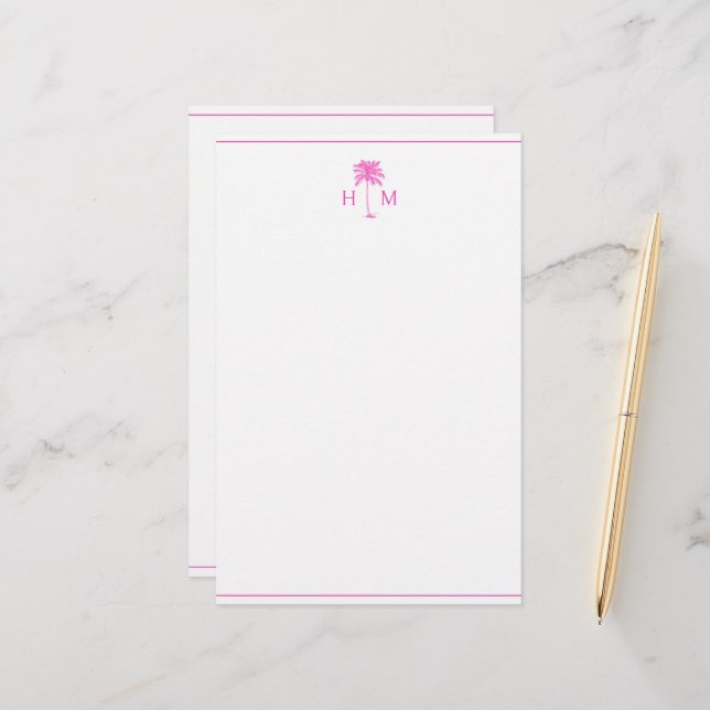 Pink and White Palm Palmetto Tree Monogram Stationery (Front/Back In Situ)