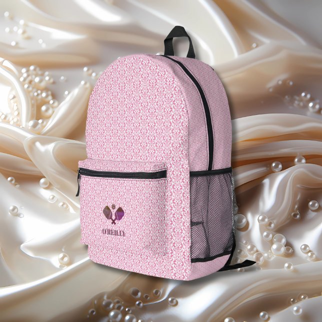 Pink and White Pattern Modern Monogram Pickleball Printed Backpack (Creator Uploaded)