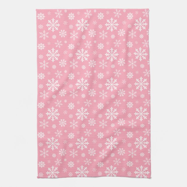 Pink And White Pattern Of Winter Snowflakes Tea Towel (Vertical)