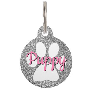 Pink and White Paw Print Silver Glitter Pet Tag