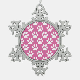 Pink and white paw prints pattern snowflake pewter christmas ornament
