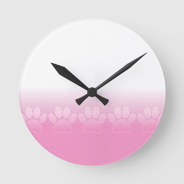 Pink And White Paws With Newsprint Background Round Clock (Front)