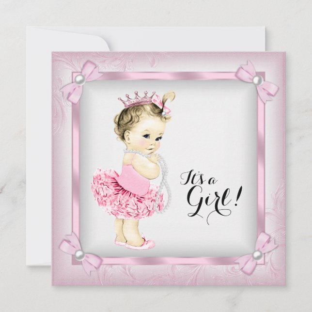Pink and White Pearl Princess Tutu Baby Shower Invitation (Front)