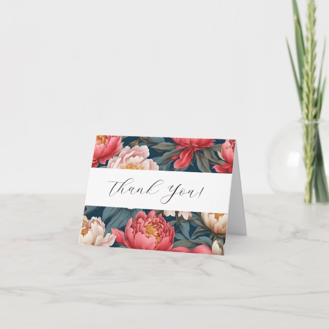 Pink and White Peonies Oriental Thank You Cards (Front)