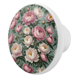 Pink and white Peony flowers Ceramic Knob