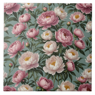 Pink and white Peony flowers Ceramic Tile