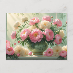 Pink and White Peony Flowers Still Life  Postcard
