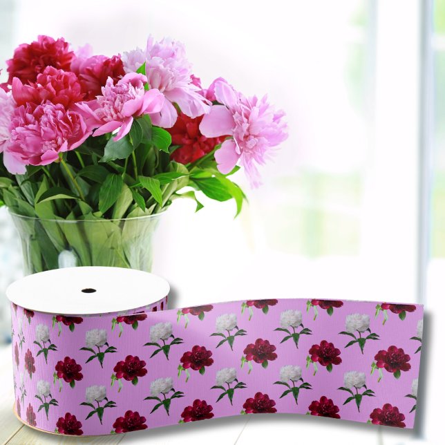 Pink And White Peony Pattern Gift Ribbon Grosgrain Ribbon (Creator Uploaded)