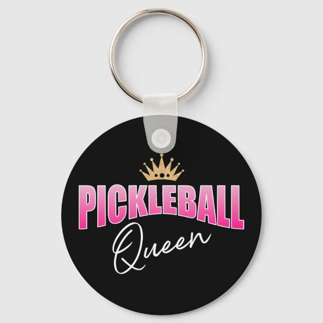 Pink And White Pickleball Queen Gold Crown Key Ring (Front)