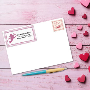 Pink and White Plaid Gingham Valentine Cupid Label