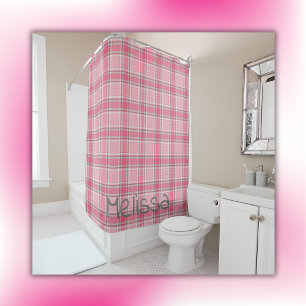 Pink and White Plaid Name Monogram Shower Curtain