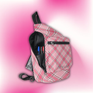 Pink and White Plaid Name Monogram Sling Bag