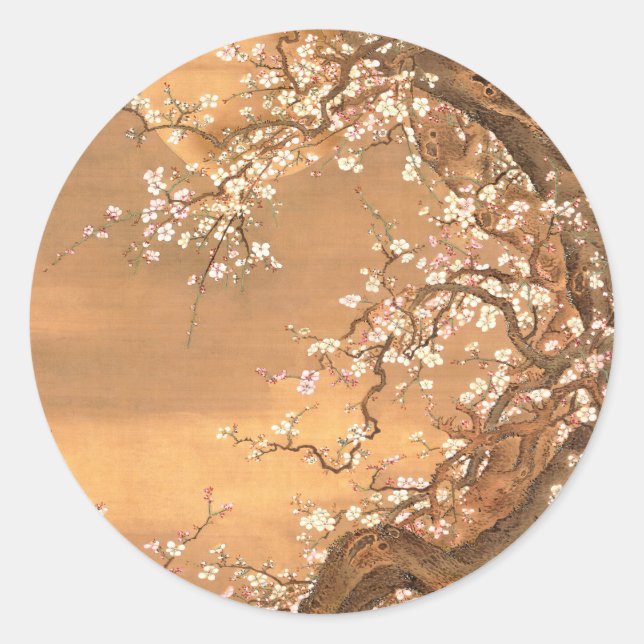 Pink and White Plum Blossoms in Moonlight, Shizan Classic Round Sticker (Front)